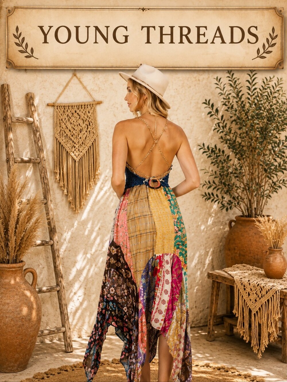 102 Strapless Patchwork High-Low Maxi Dress in Multi - Picture 2 of 2